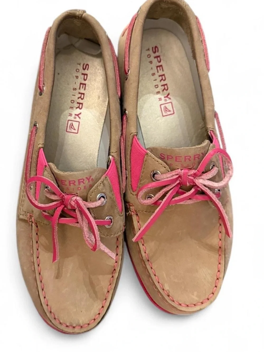 Sperry Kids Tan Leather Moccasins with Pink Accents